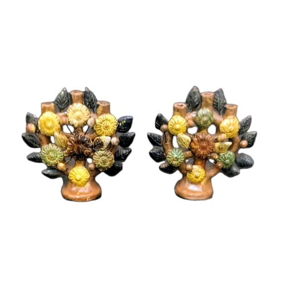 Mexican Folk Art Antique Tree Of Life Mini Candelabra Pottery Birds Leaves PAIR - Picture 2 of 6